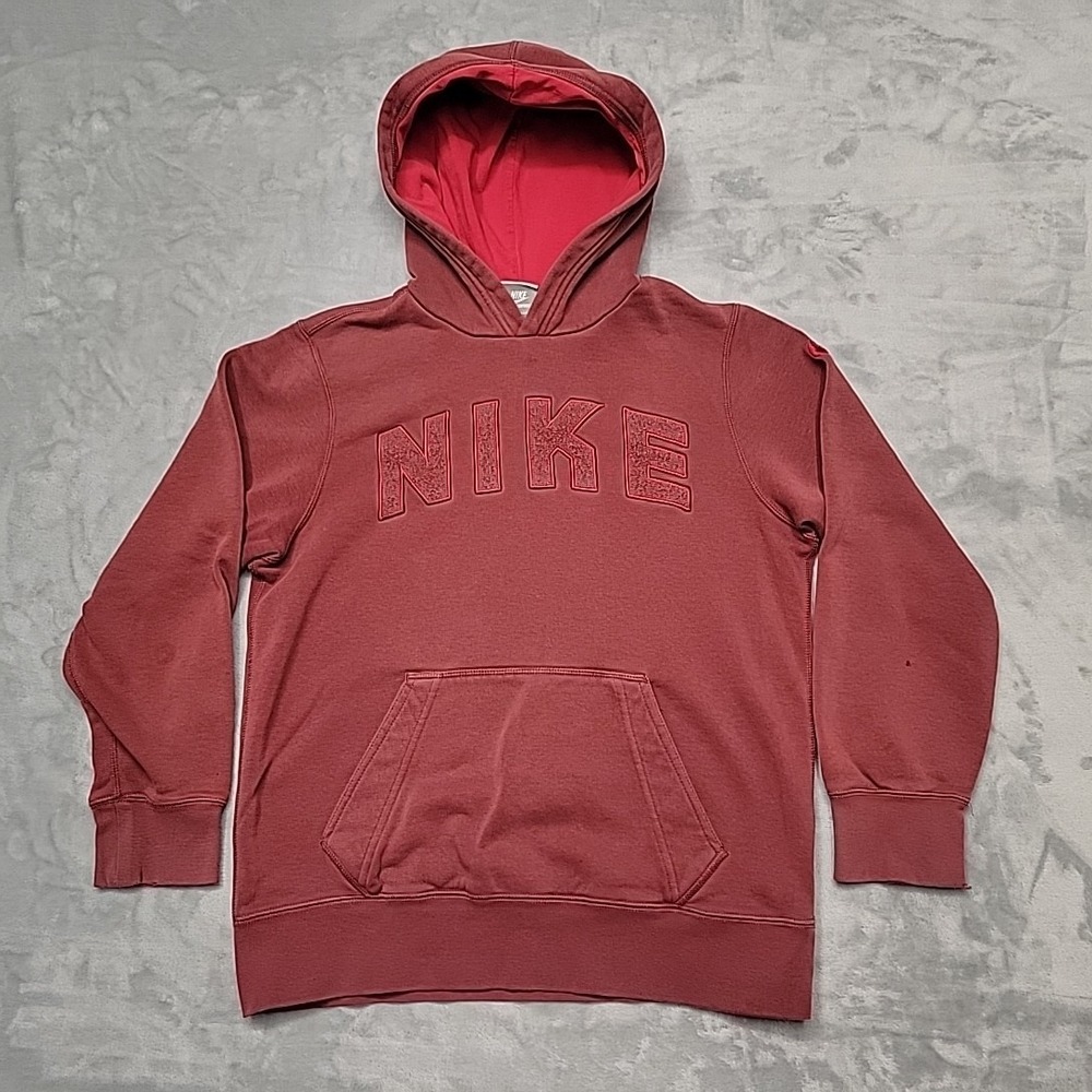 VTG Nike Hoodie Mens Medium Red Pullover Spellout Fleece Athletic Gym Workout